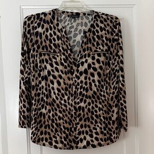 INC International Concepts 1X Leopard Print Blouse Long Sleeve Zip Detail Plus